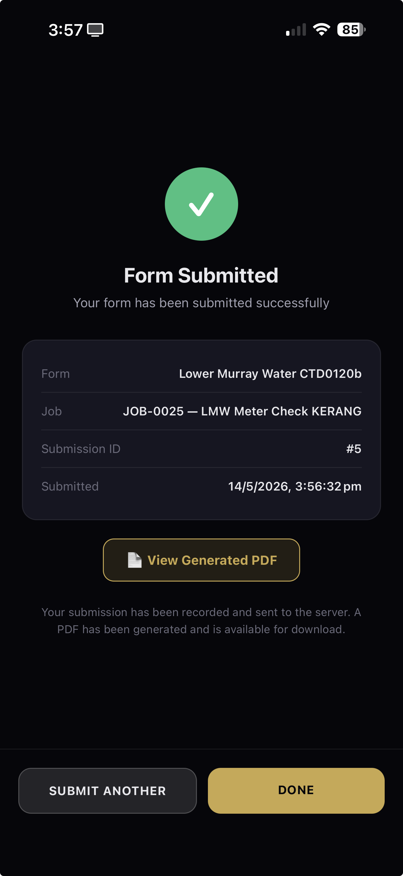AXITRAQ App — Form submitted successfully with auto-generated PDF