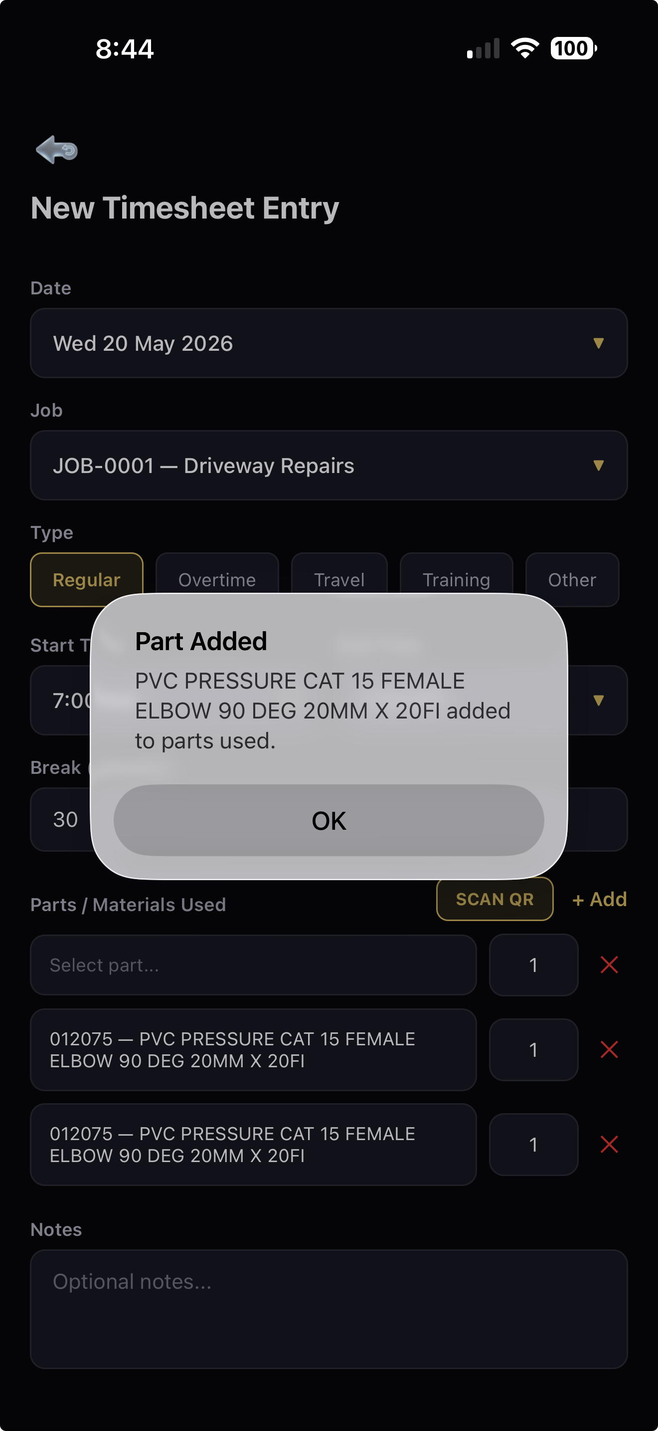 AXITRAQ App — Timesheet entry with job selection and parts/materials added